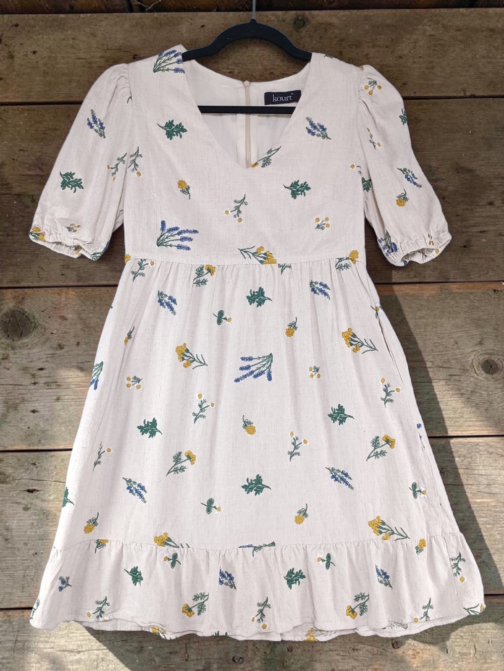Kourt Midi Dress Med Embroidered Floral Puff Sleeve Pockets Cottagecore Prairie - Picture 2 of 13